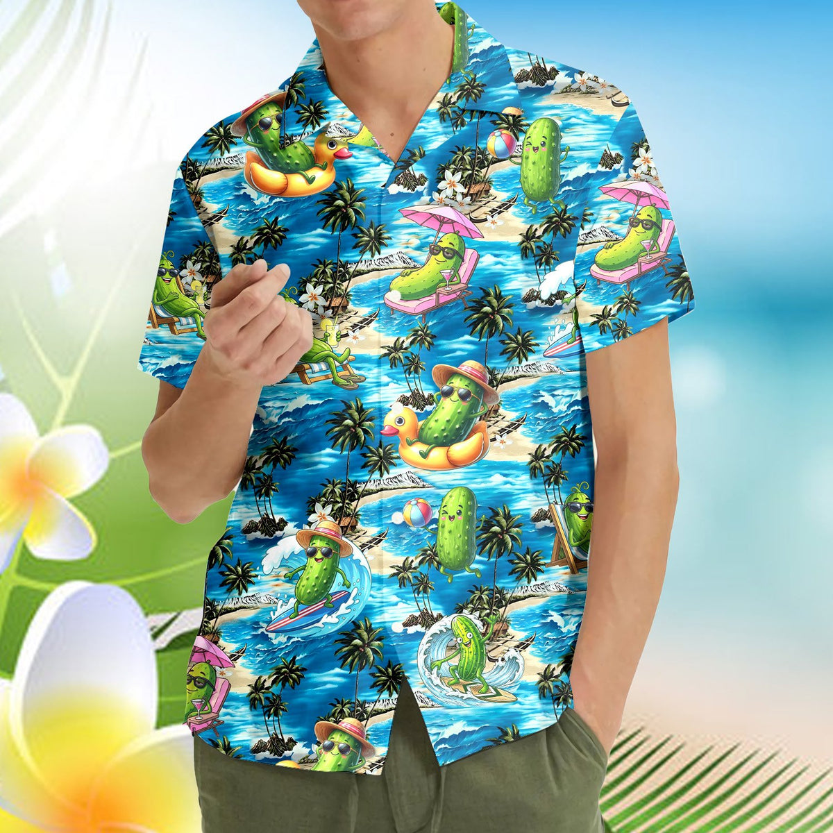 Additional front view of the pickle hawaiian shirt