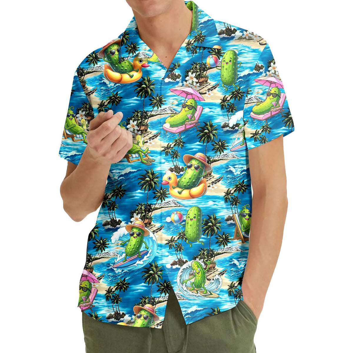 Main view of matching family hawaiian shirts with tropical pickle design