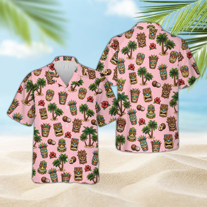 Pink matching family hawaiian shirt with tropical tiki pattern, front view