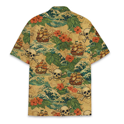 Back view of the multicolor tropical pirate hawaiian shirt