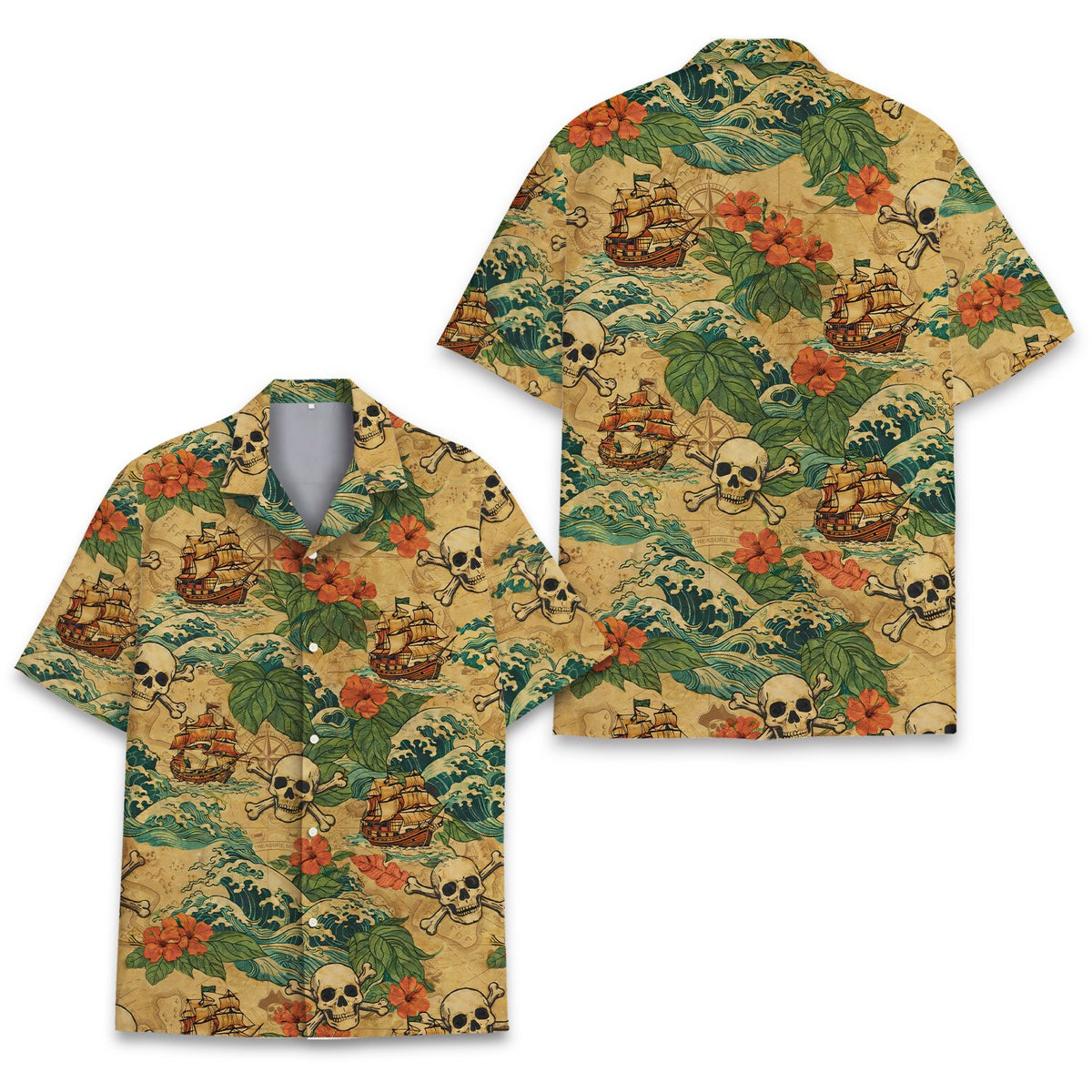 Secondary front view highlighting the vintage map and skull details on the hawaiian shirt