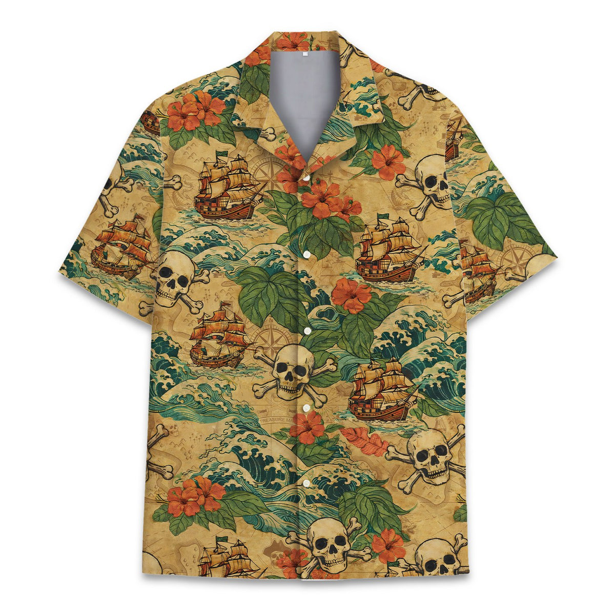 Matching family tropical pirate hawaiian shirt with map and hibiscus design, main view