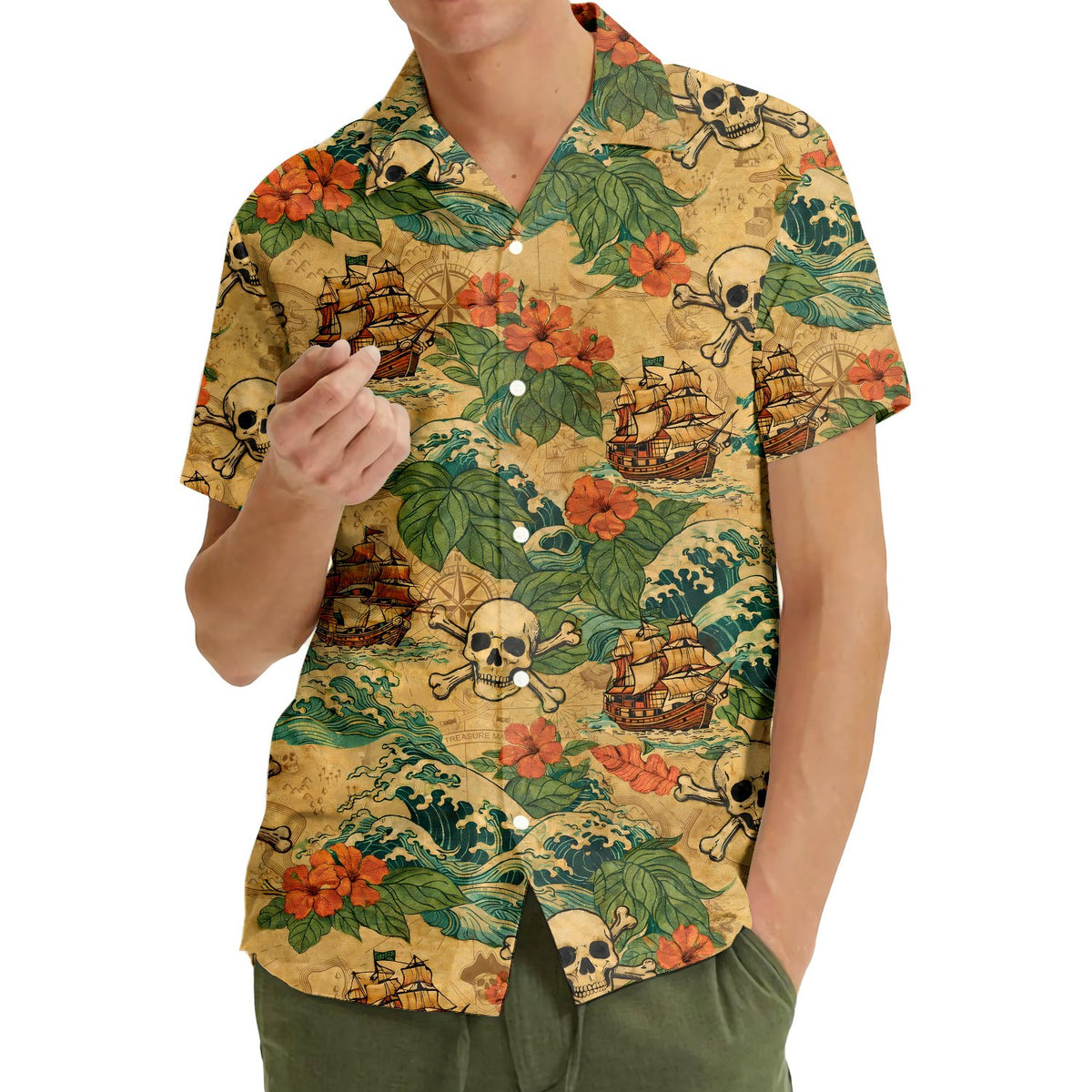 Lifestyle view showing the tropical pirate hawaiian shirt worn outdoors