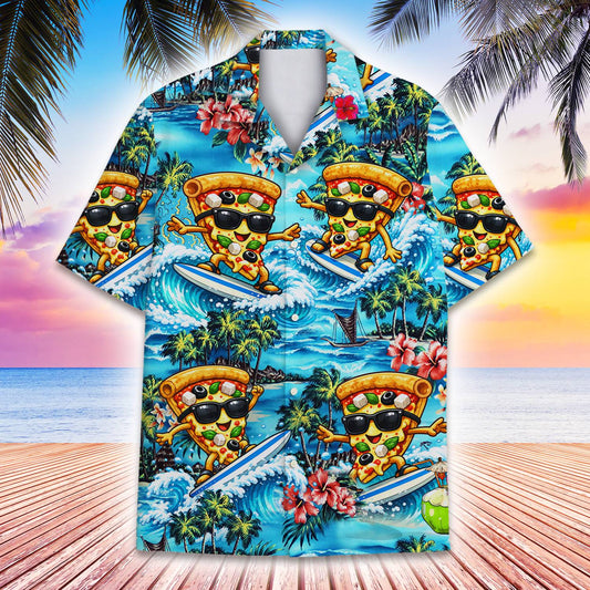 Matching family tropical pizza surfing hawaiian shirt showing front view