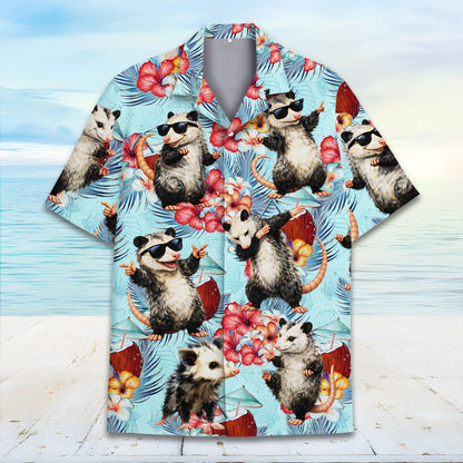 Close-up front view of the tropical possum hawaiian shirt