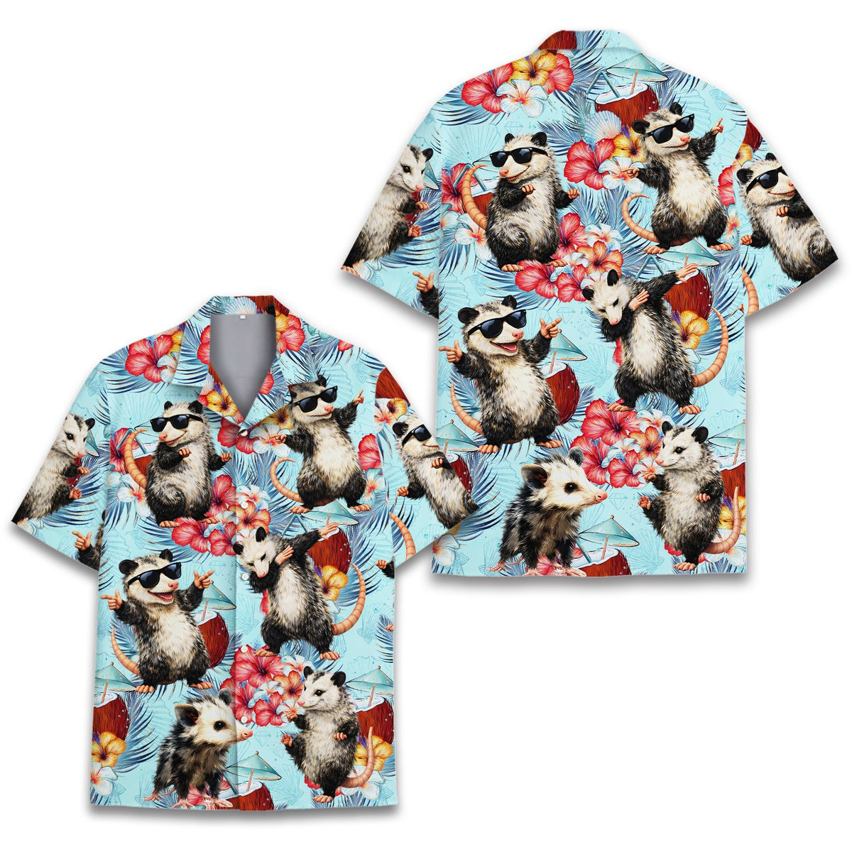 Main view of the tropical possum hawaiian shirt with light blue background