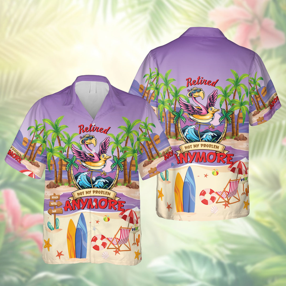 Purple matching family hawaiian shirt with retired flamingo design, front view