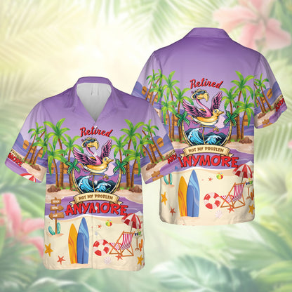 Purple matching family hawaiian shirt with retired flamingo design, front view