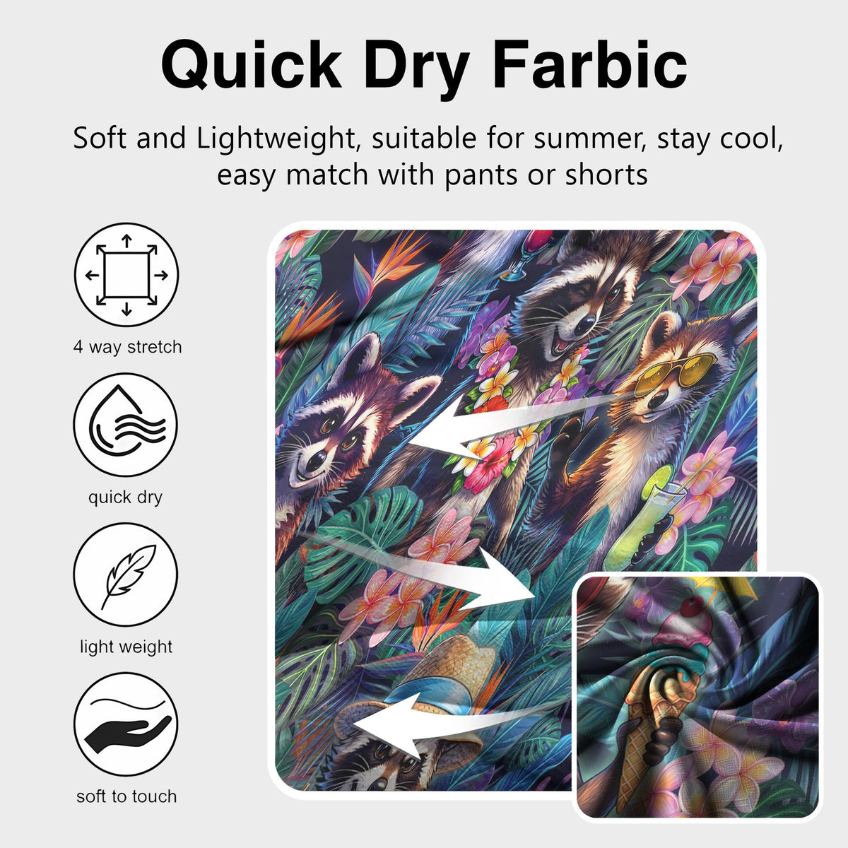 Close-up detail of the fabric pattern on the tropical raccoon hawaiian shirt