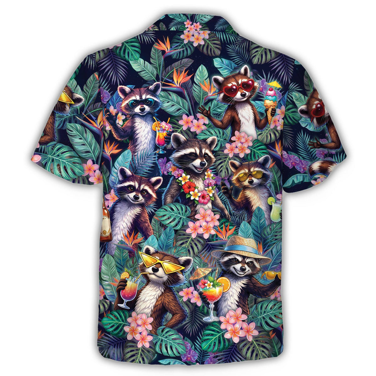 Back view of the tropical raccoon hawaiian shirt with vibrant tropical pattern