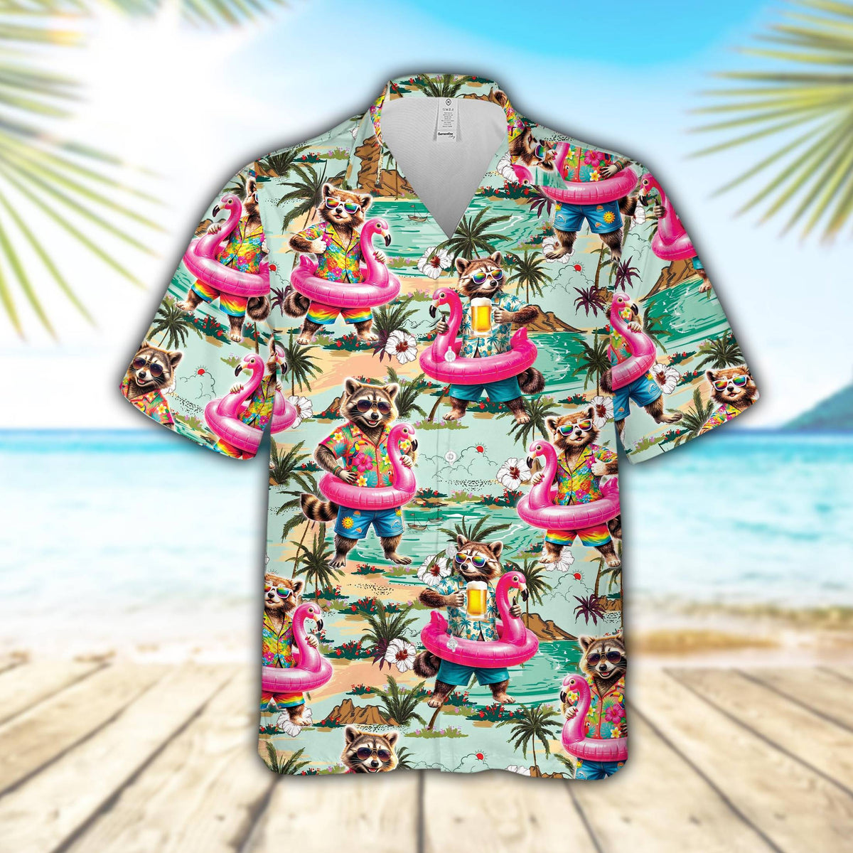 Tropical raccoon hawaiian shirt featuring raccoons in flamingo inner tubes, front view