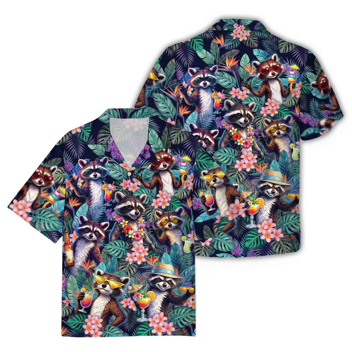 Tropical raccoon hawaiian shirt with a navy background and all-over print, front view