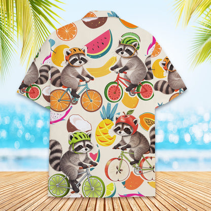 Close-up back view detailing the raccoons riding fruit bicycles design