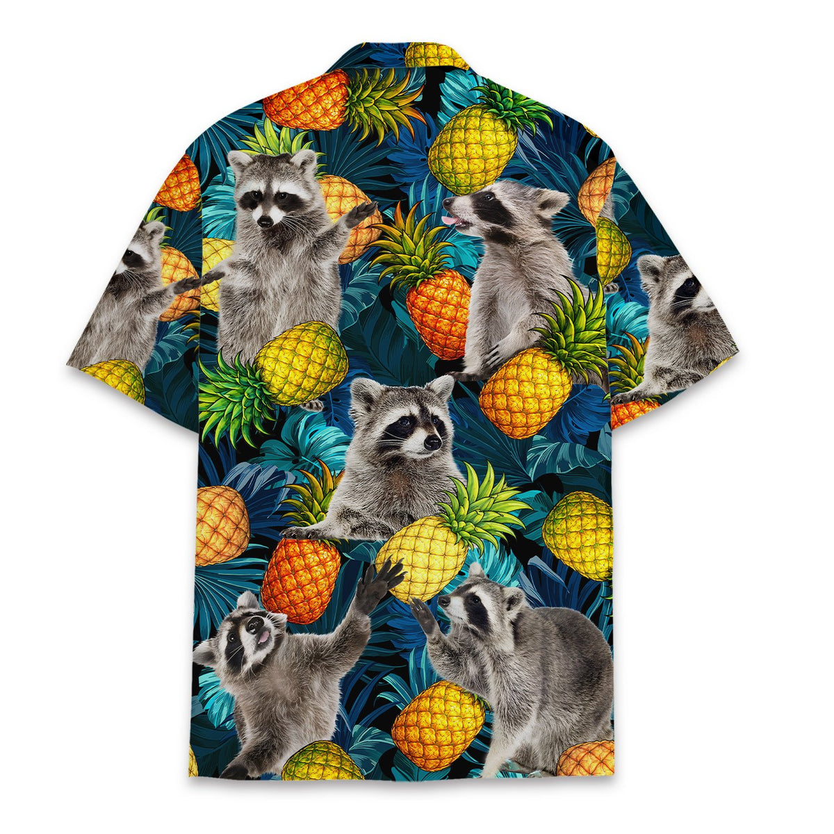 Back view of the tropical raccoons hawaiian shirt showing the repeating pattern