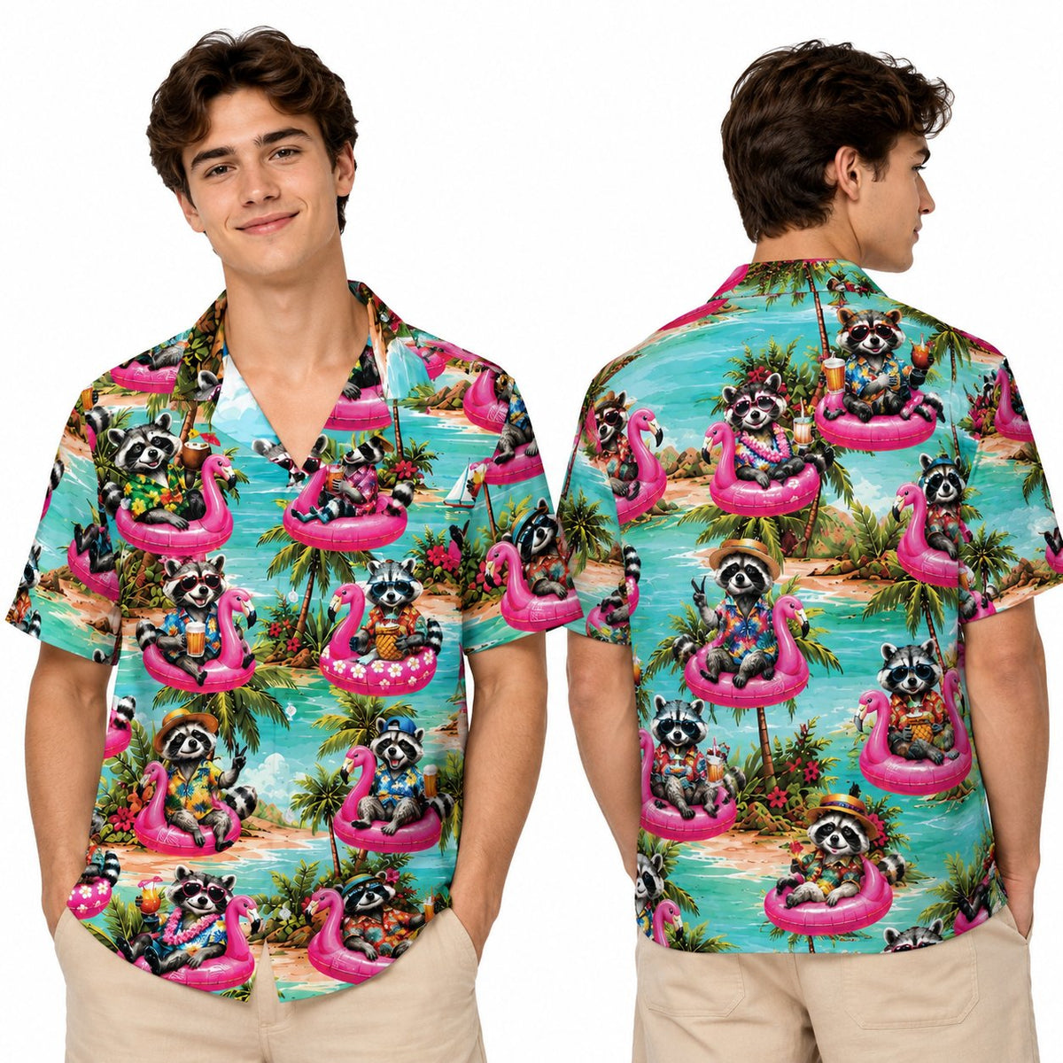 Teal tropical hawaiian shirt featuring raccoons on pink flamingo floats, main view