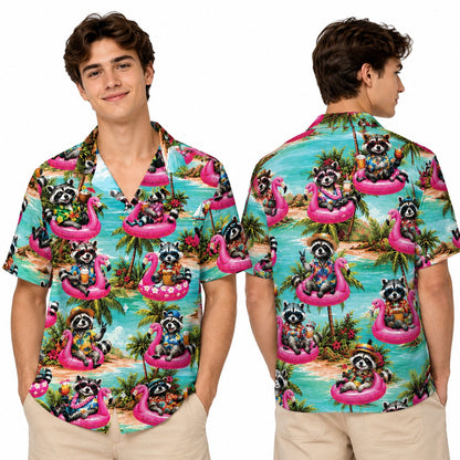 Teal tropical hawaiian shirt featuring raccoons on pink flamingo floats, main view