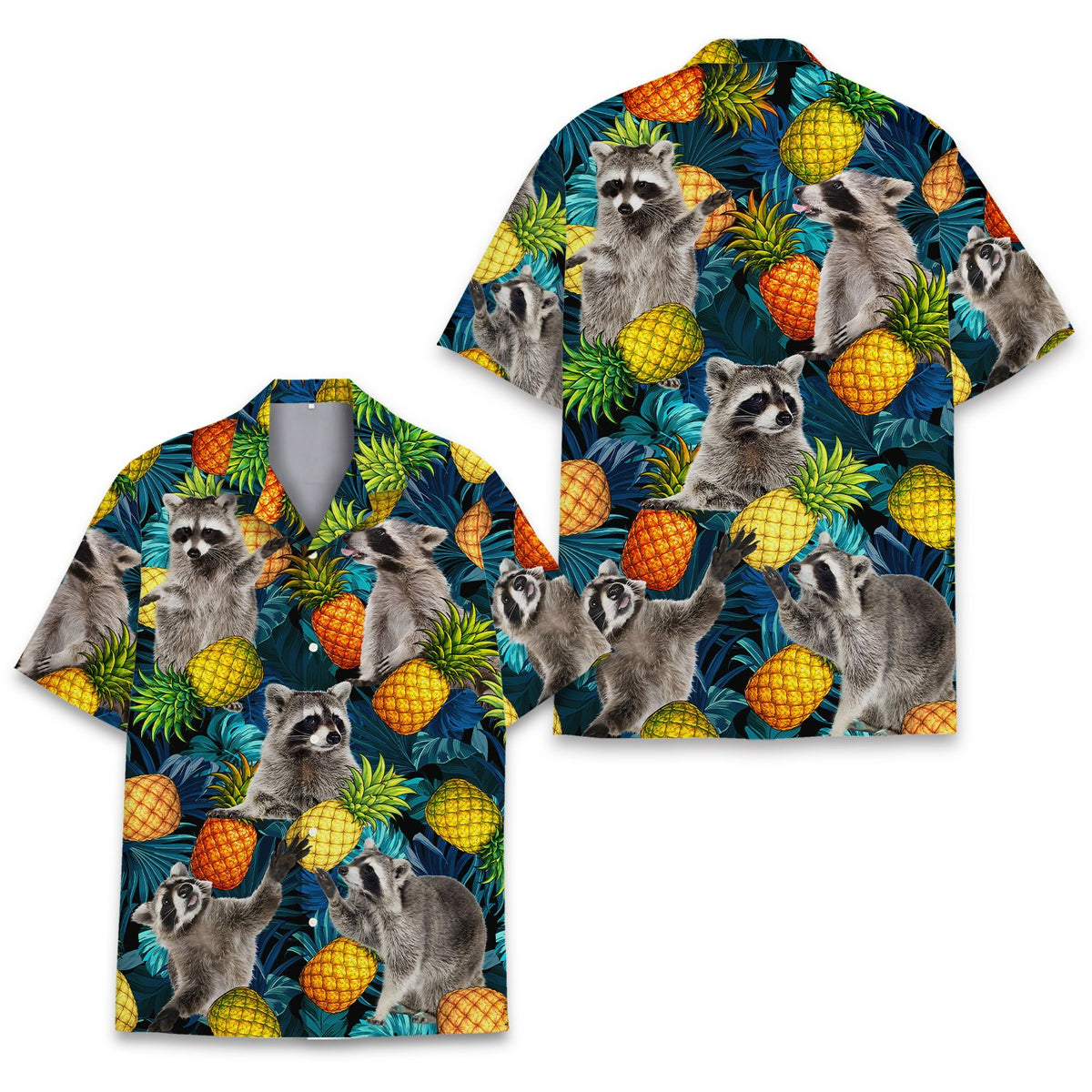 Front view of the tropical raccoons hawaiian shirt in navy, yellow, and multicolor