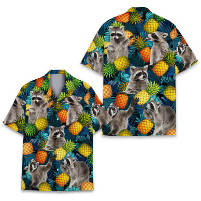 Front view of the tropical raccoons hawaiian shirt in navy, yellow, and multicolor