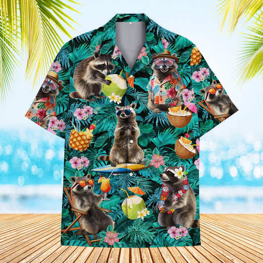 Main view of the tropical raccoons hawaiian shirt featuring green foliage and surfing raccoons