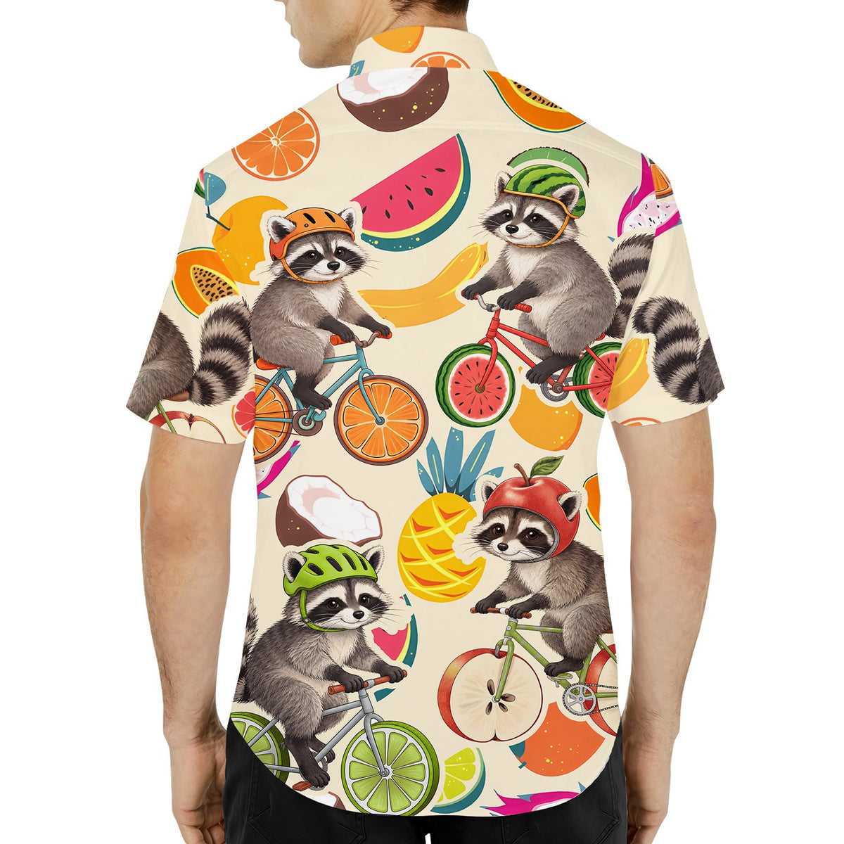 Tropical raccoons hawaiian shirt showing the main front view on a cream background