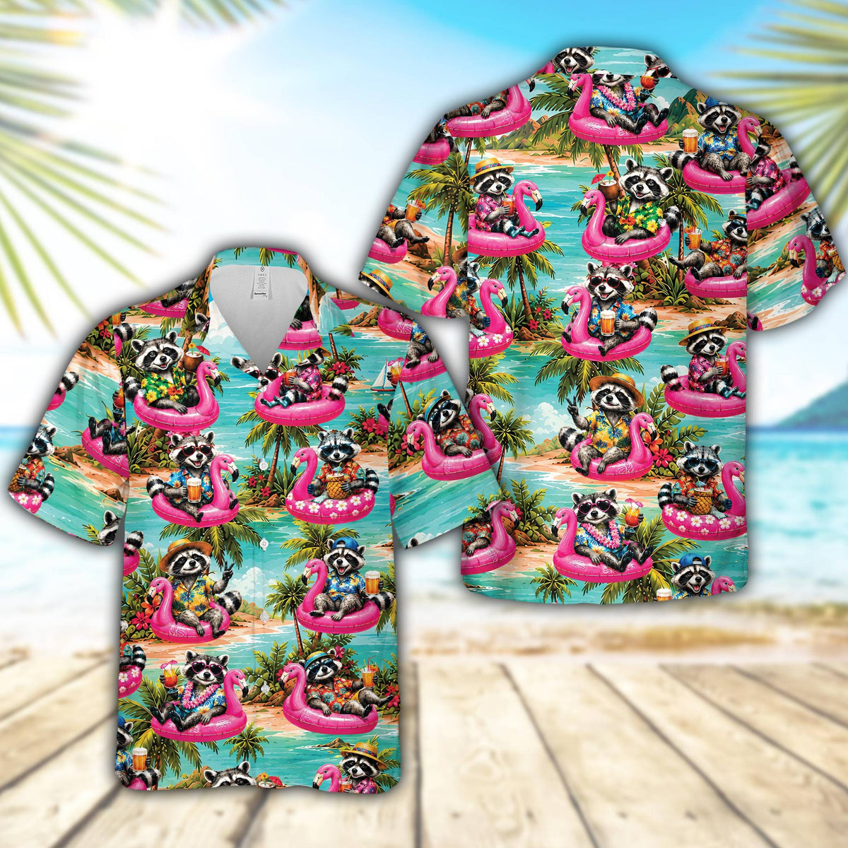 Lifestyle view of someone wearing the tropical raccoons hawaiian shirt