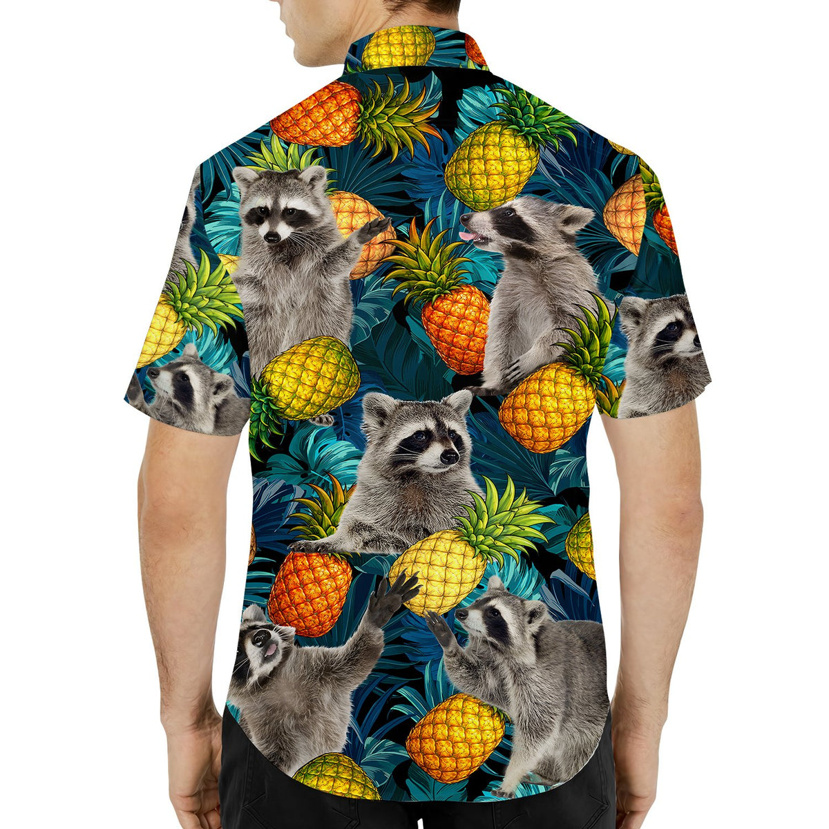 Third lifestyle view showing the tropical raccoons design on a sunny day