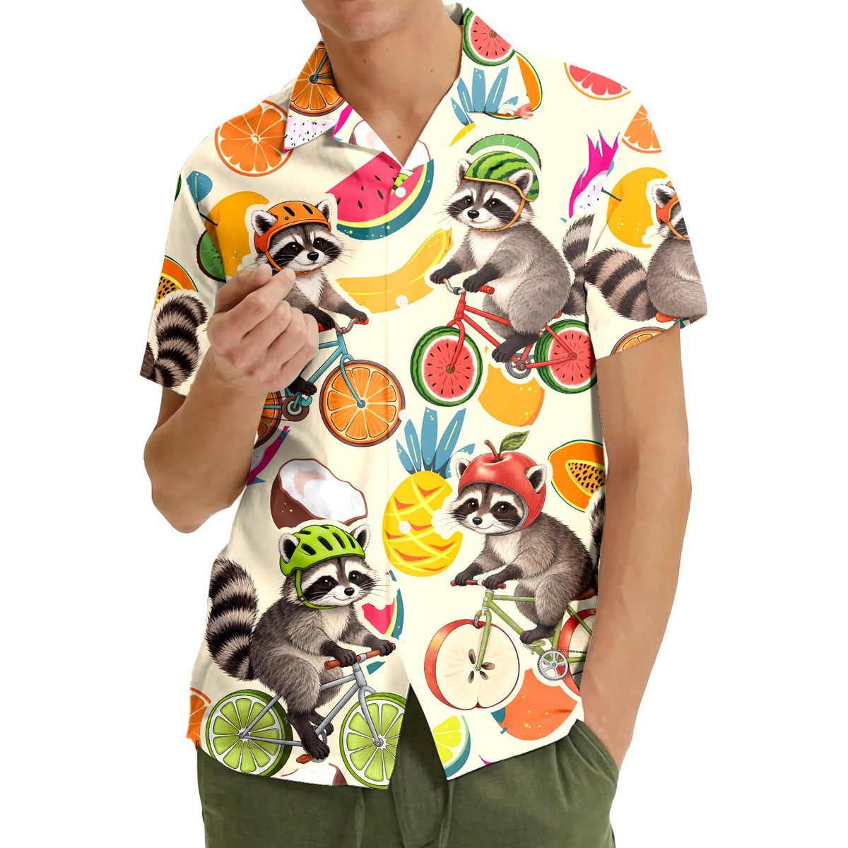 Third lifestyle perspective of the tropical fruit and raccoon shirt