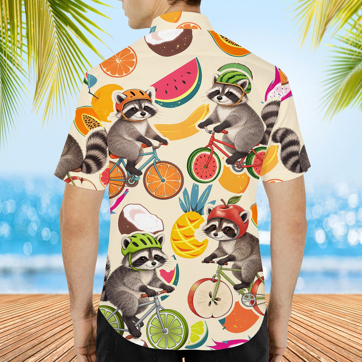 Fifth lifestyle image featuring the tropical raccoons hawaiian shirt in a casual setting