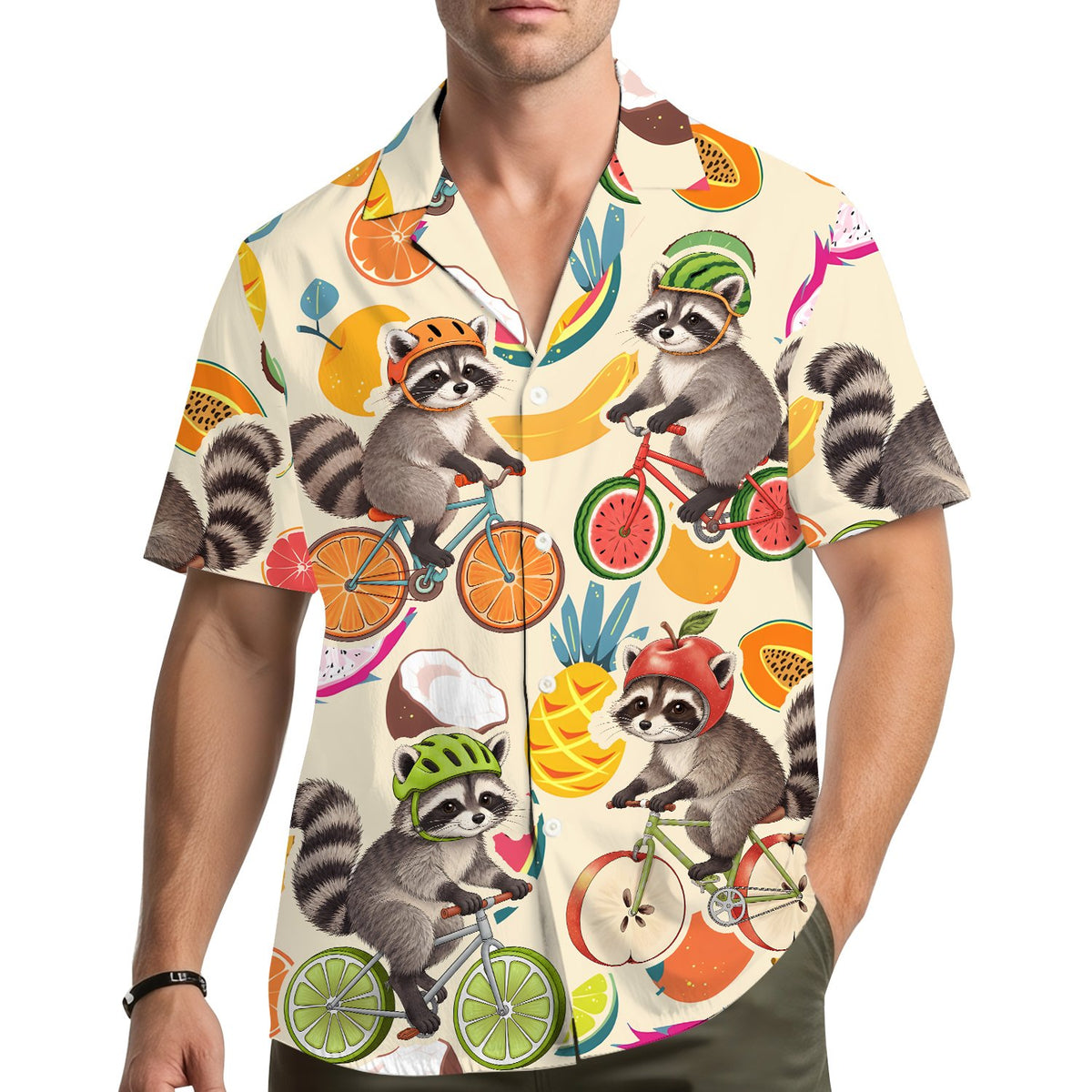 Lifestyle view showing an adult wearing the summer hawaiian shirt outdoors
