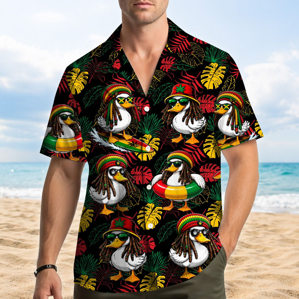Flat lay back view of the matching family hawaiian shirts in rasta duck design.