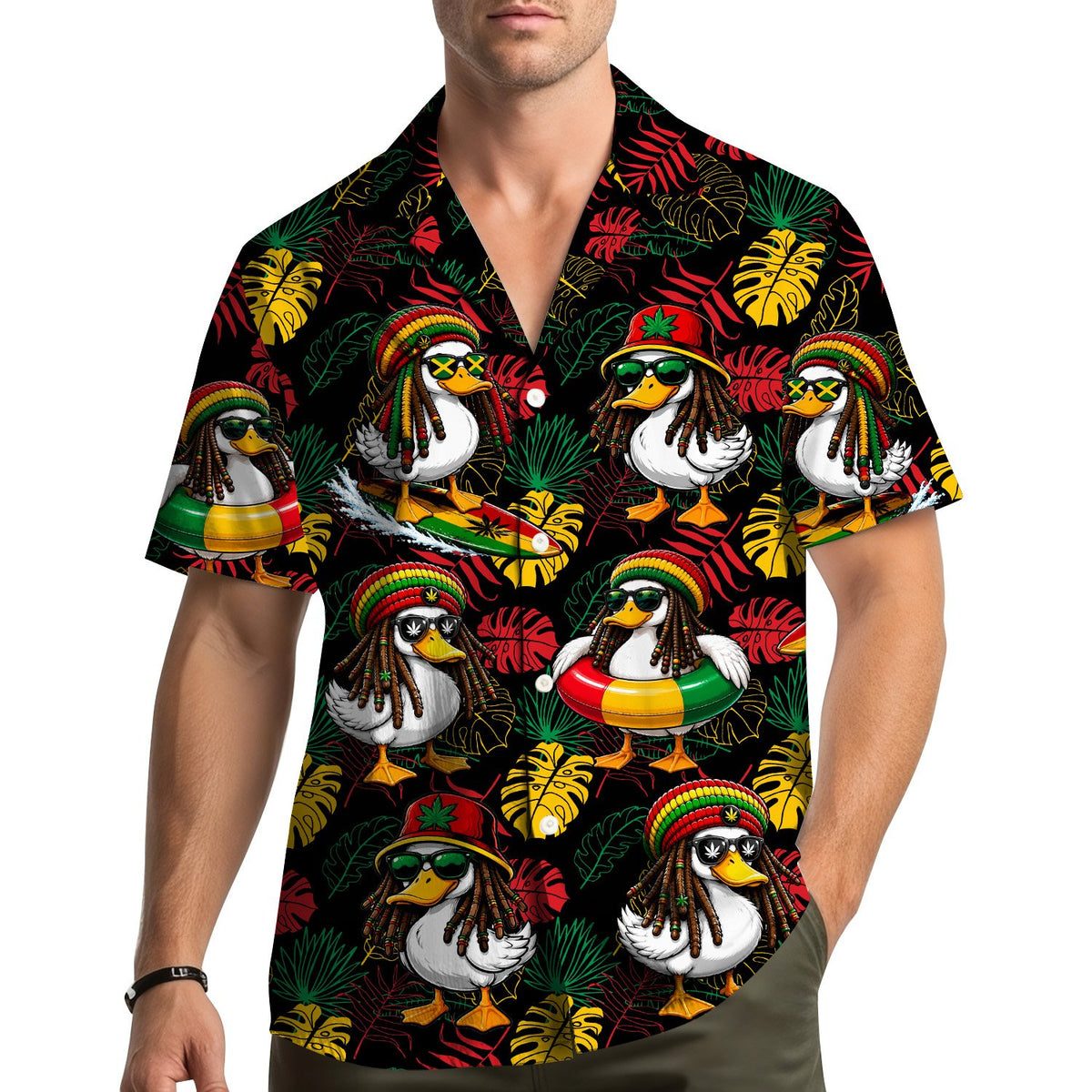 Back view of the tropical rasta duck hawaiian shirt showing the all-over print.