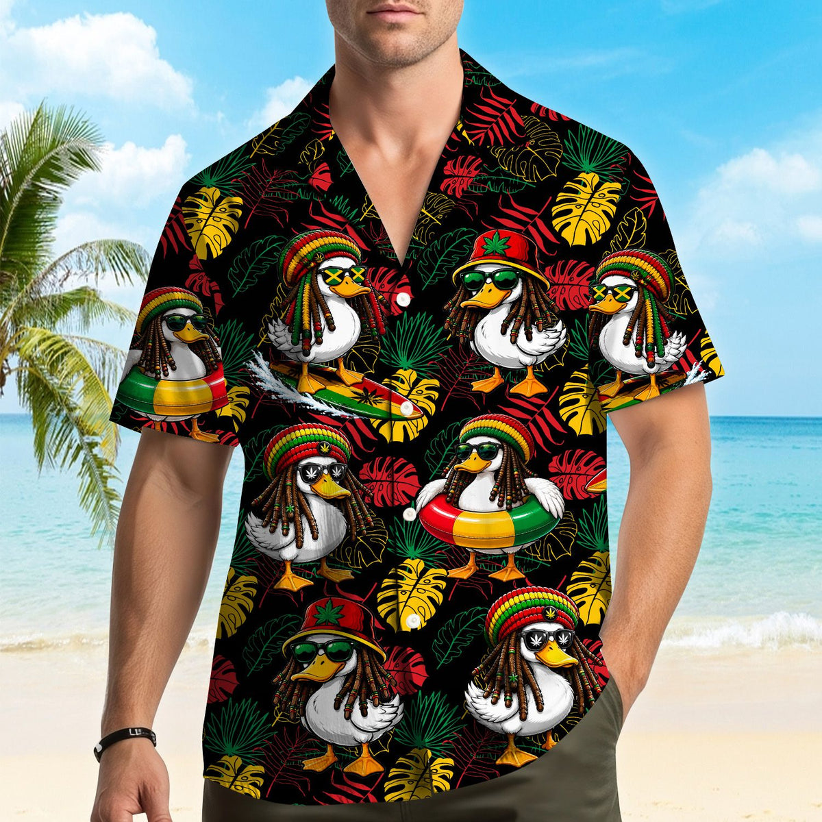 Close-up of the tropical rasta duck hawaiian shirt collar and button details.