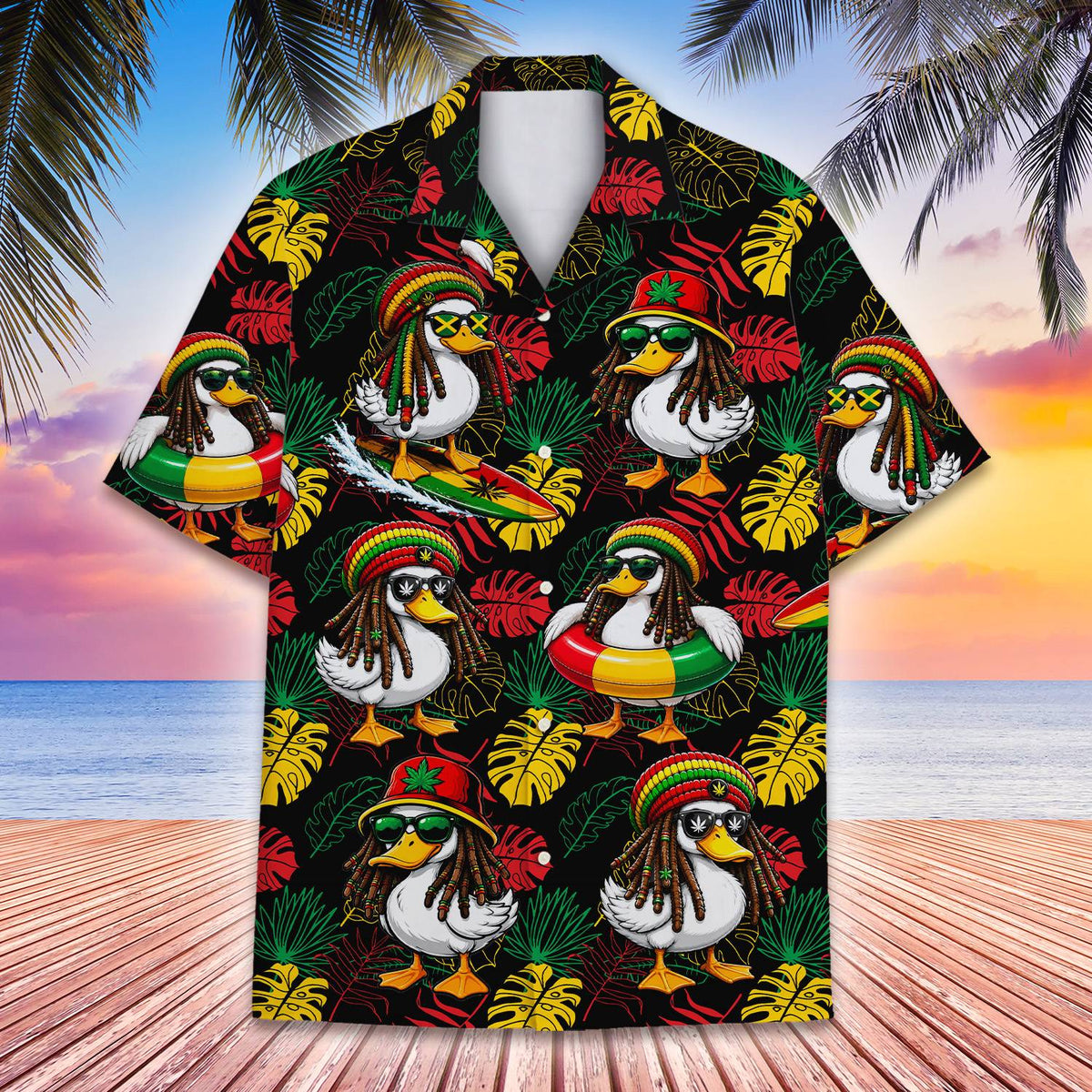 Detail shot of the cartoon duck with dreadlocks and sunglasses on the hawaiian shirt.