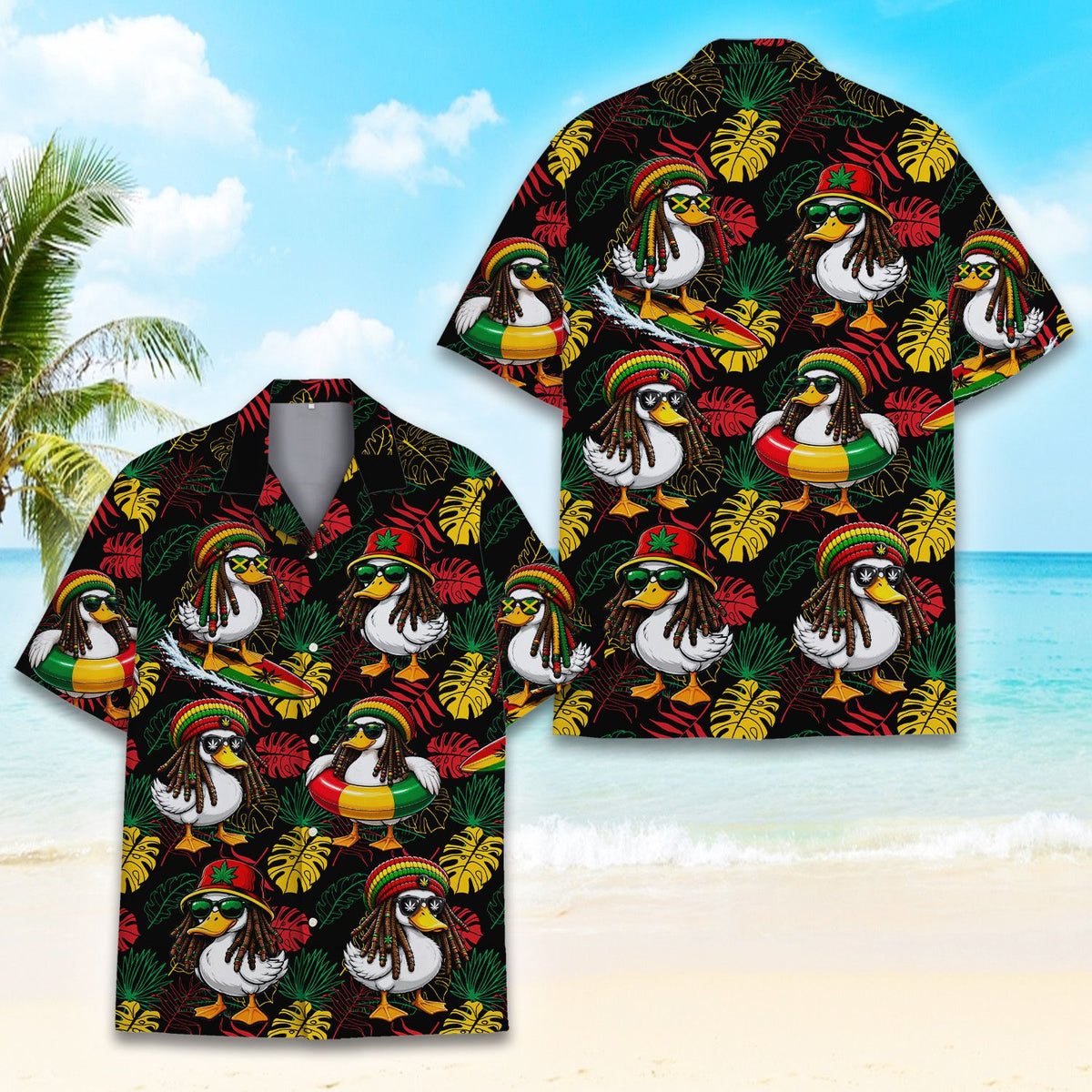 Matching family hawaiian shirts in tropical rasta duck design, flat lay front view.