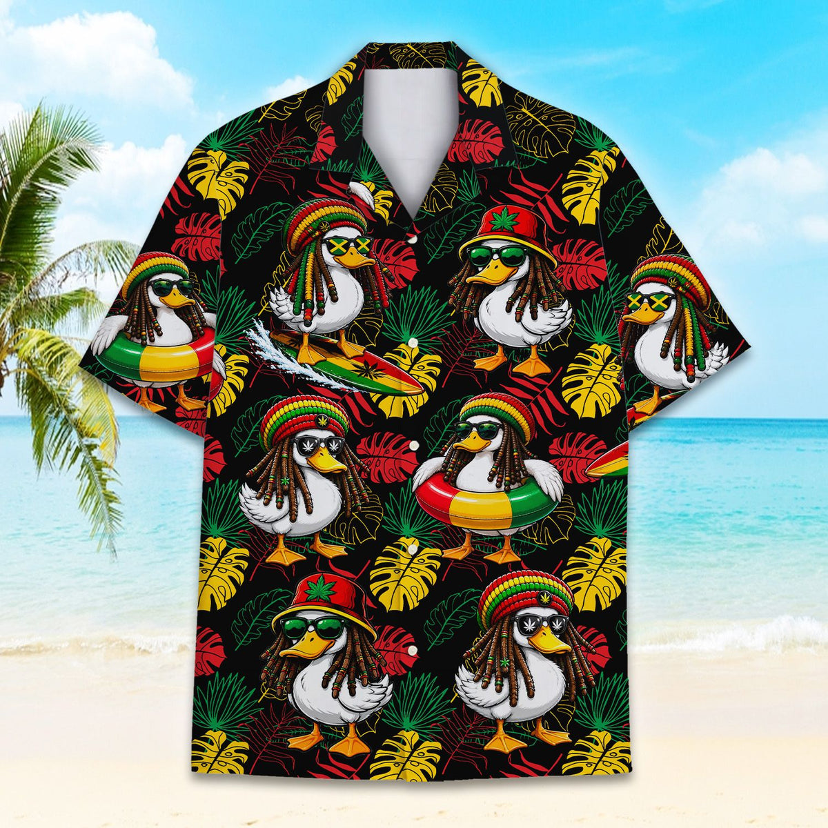 Two people modeling matching family hawaiian shirts with the tropical duck design.