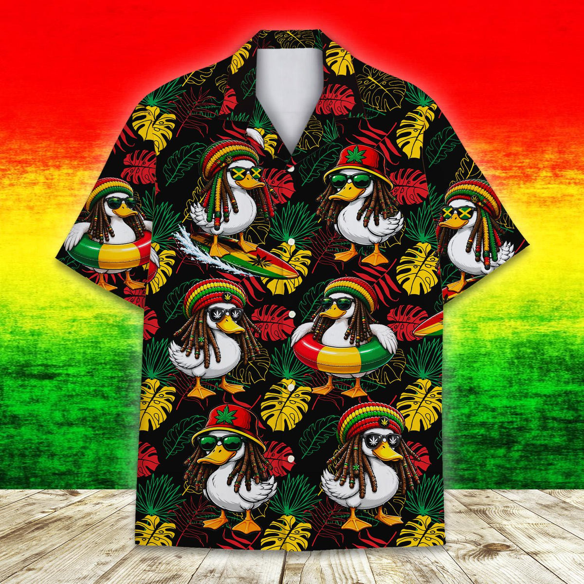 A person wearing the tropical rasta duck hawaiian shirt outdoors in a lifestyle setting.