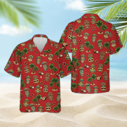 Red matching family hawaiian shirt with tropical tiki pattern, front view