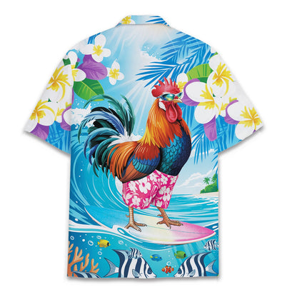 Back view of the matching family tropical rooster hawaiian shirt