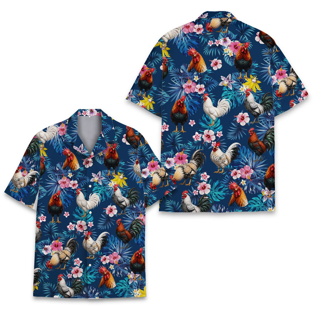 Close-up of tropical rooster hawaiian shirt pattern, front view