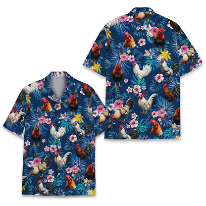 Close-up of tropical rooster hawaiian shirt pattern, front view