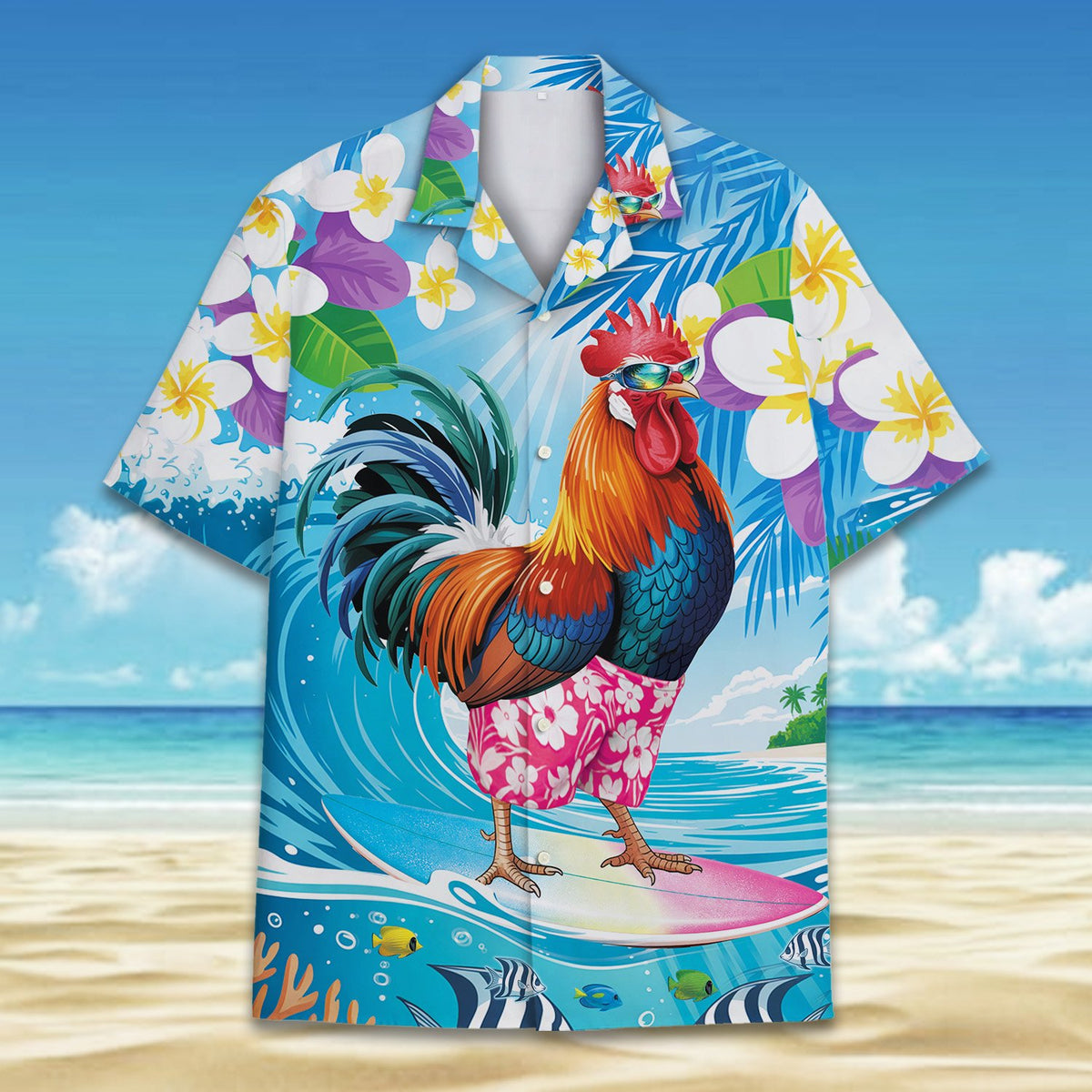 Detailed front view of the tropical rooster hawaiian shirt showing the surfboard