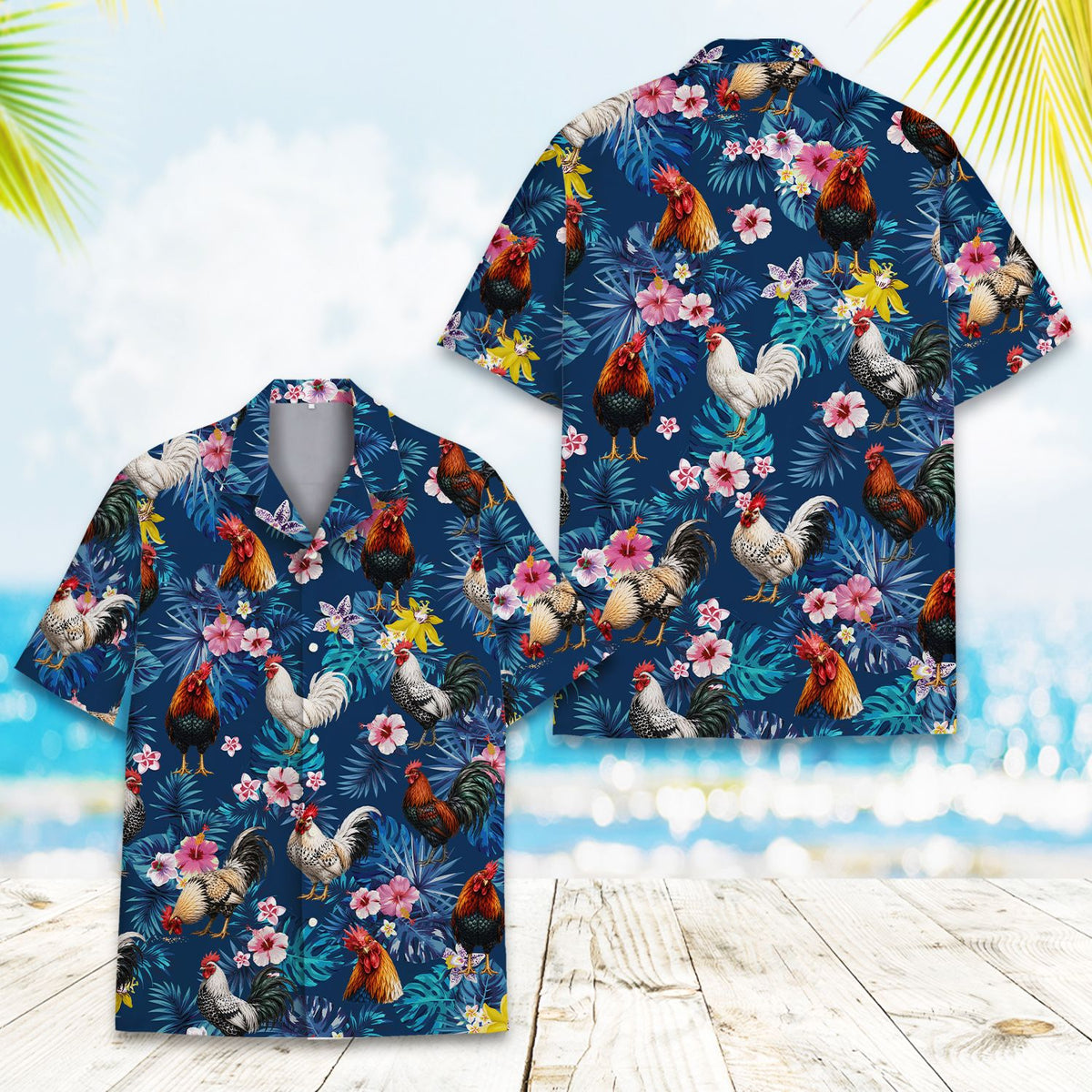 Detailed view of buttons and collar on the tropical rooster hawaiian shirt