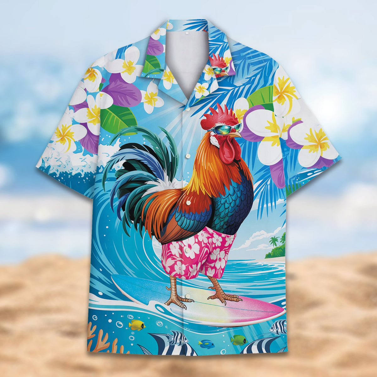 Close-up front view of the colorful tropical rooster hawaiian shirt