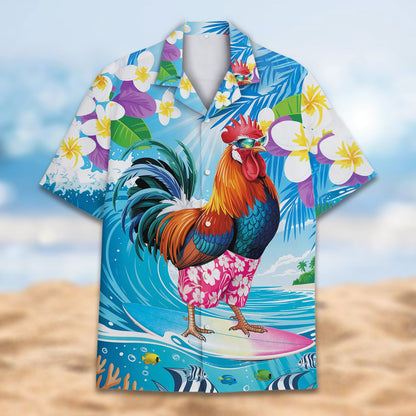 Close-up front view of the colorful tropical rooster hawaiian shirt
