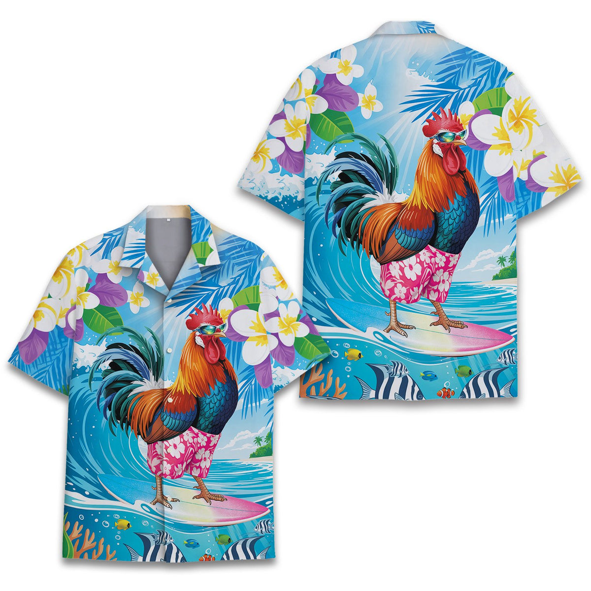 Alternative front view of the blue tropical rooster hawaiian shirt