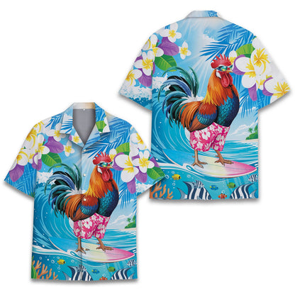 Alternative front view of the blue tropical rooster hawaiian shirt