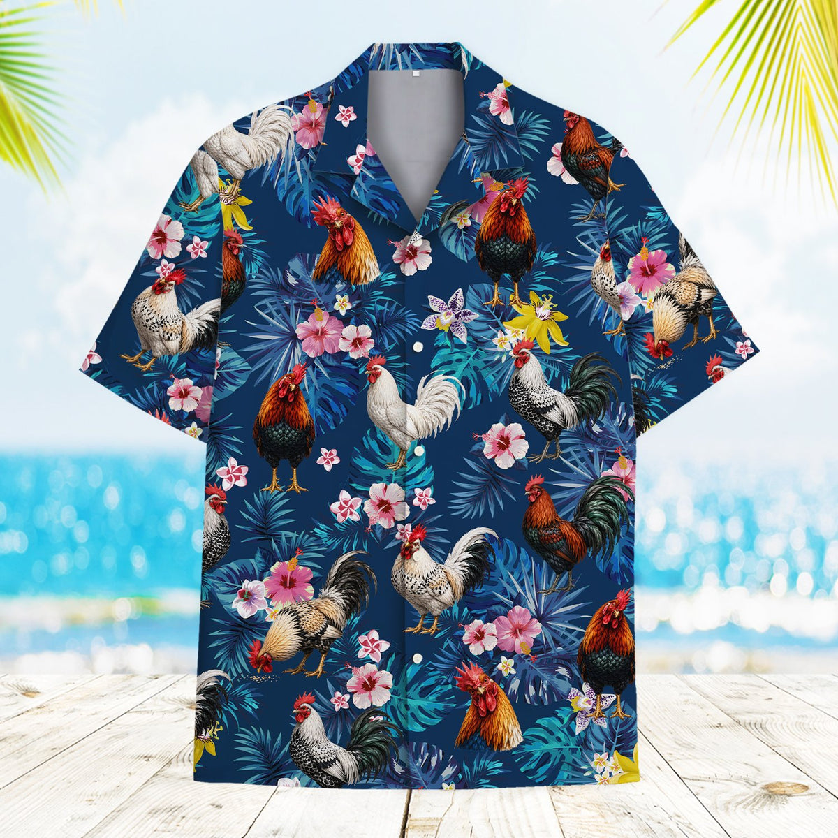 Matching family hawaiian shirts with tropical rooster design, front view