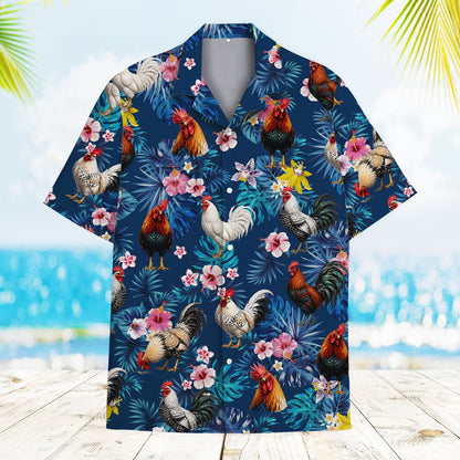 Matching family hawaiian shirts with tropical rooster design, front view