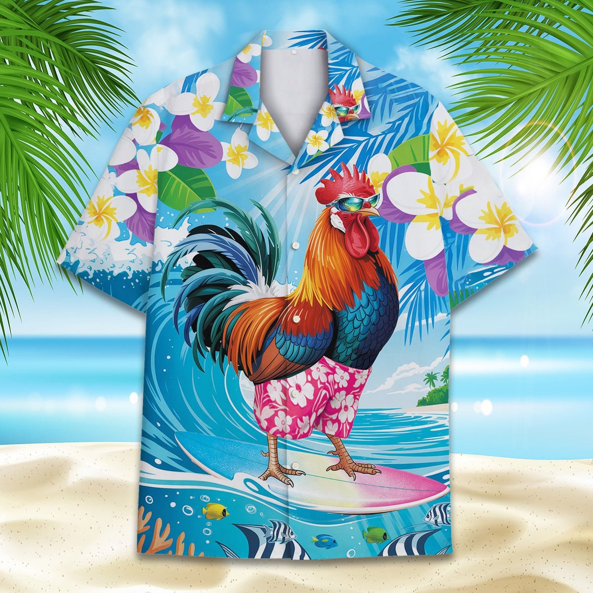 Main view of the matching family tropical rooster hawaiian shirt