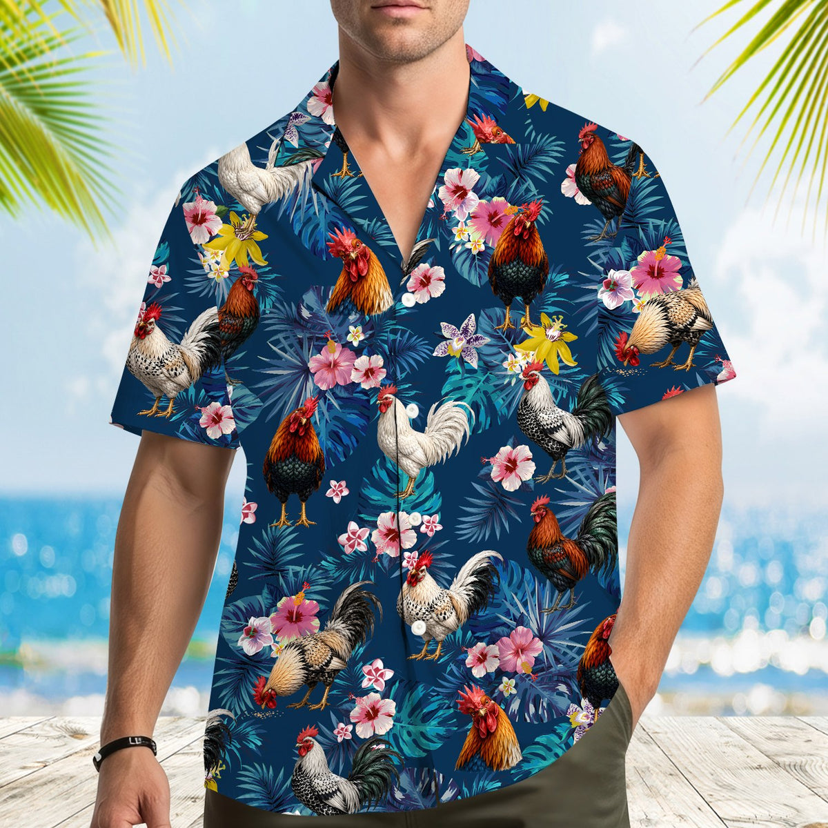 Man wearing tropical rooster hawaiian shirt enjoying summer